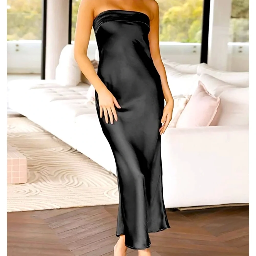 New Satin Tube Sexy Backless Cut Out Formal black dress - Picture 2 of 5